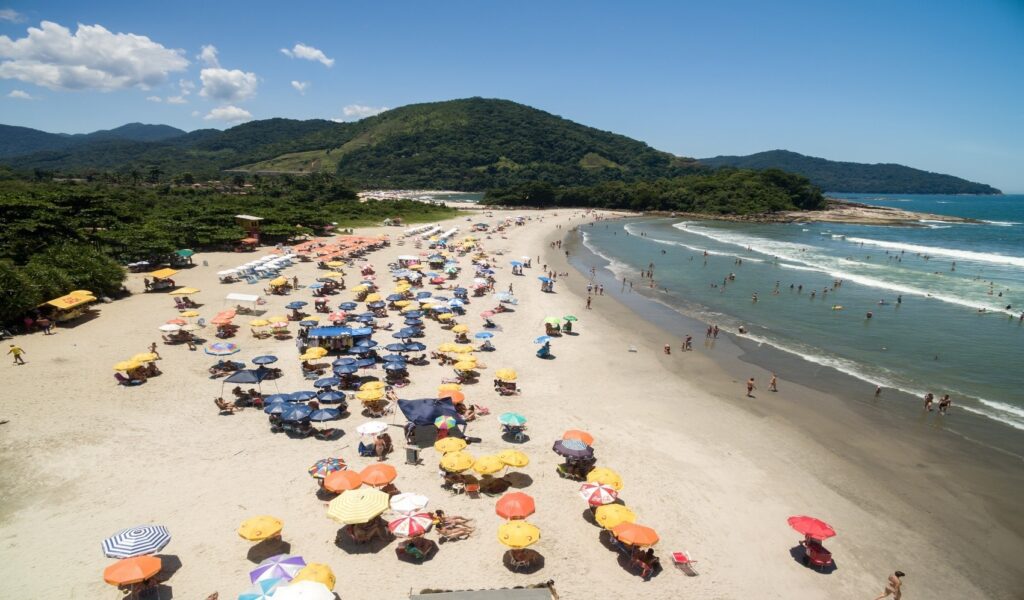 A beach with many umbrellas and people on it