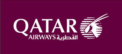 Qatar Airways logo with Arabic text on a maroon background.