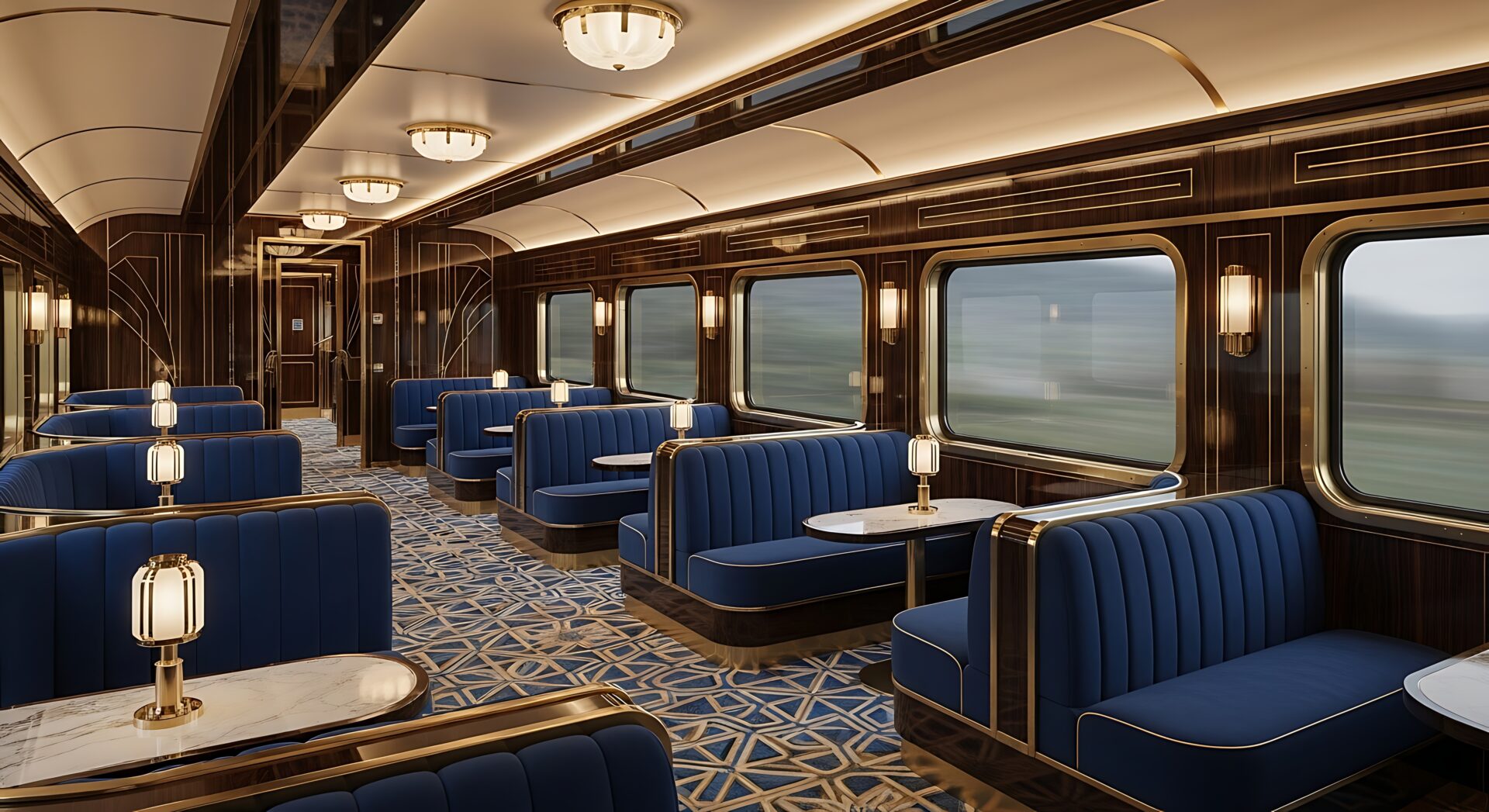 Luxurious train interior with blue velvet seating and vintage decor