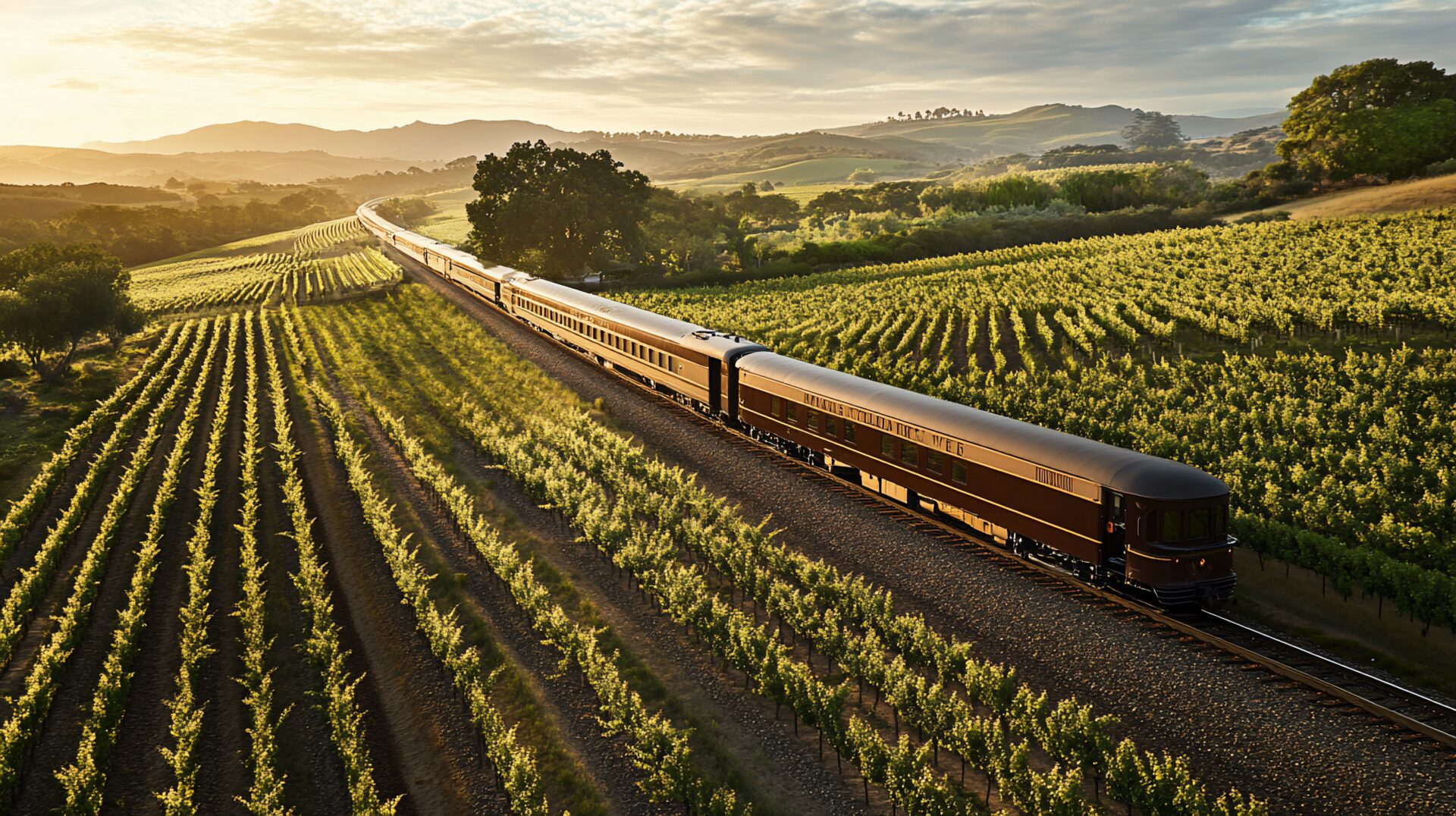 Experience the luxury of the Napa Valley Wine Train as it winds through picturesque vineyards. This scenic view captures the essence of a relaxing journey, showcasing the rolling hills and lush landscapes of California's wine country. Enjoy a unique travel experience immersed in nature and agricultural beauty.