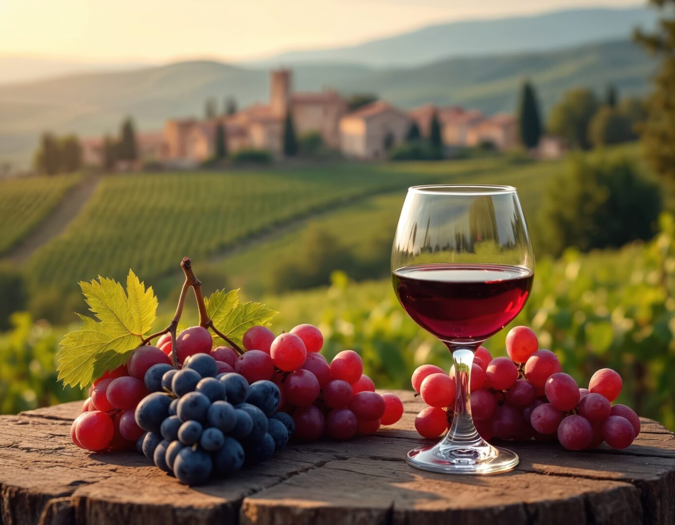 Wine glass stands with grapes on wood table in vineyard. Scenic Italian village is visible. Red wine tasting in winery, on hill in autumn. Scenic travel vacation concept. Still life art.